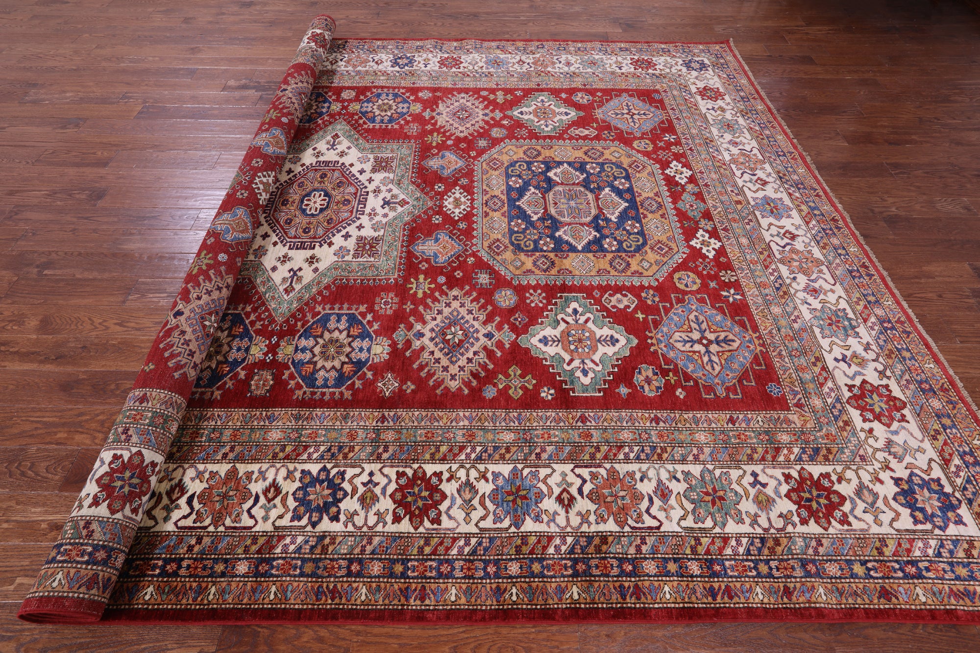 Red Super Kazak Hand Knotted Wool Rug - 9' 9" X 13' 2" - Golden Nile