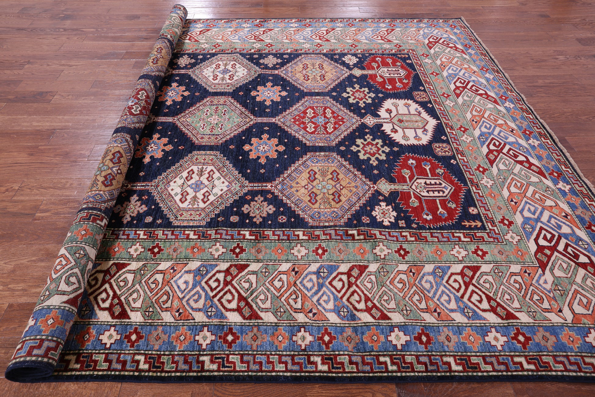 Blue Super Kazak Hand Knotted Wool Rug - 9' 0" X 12' 0" - Golden Nile