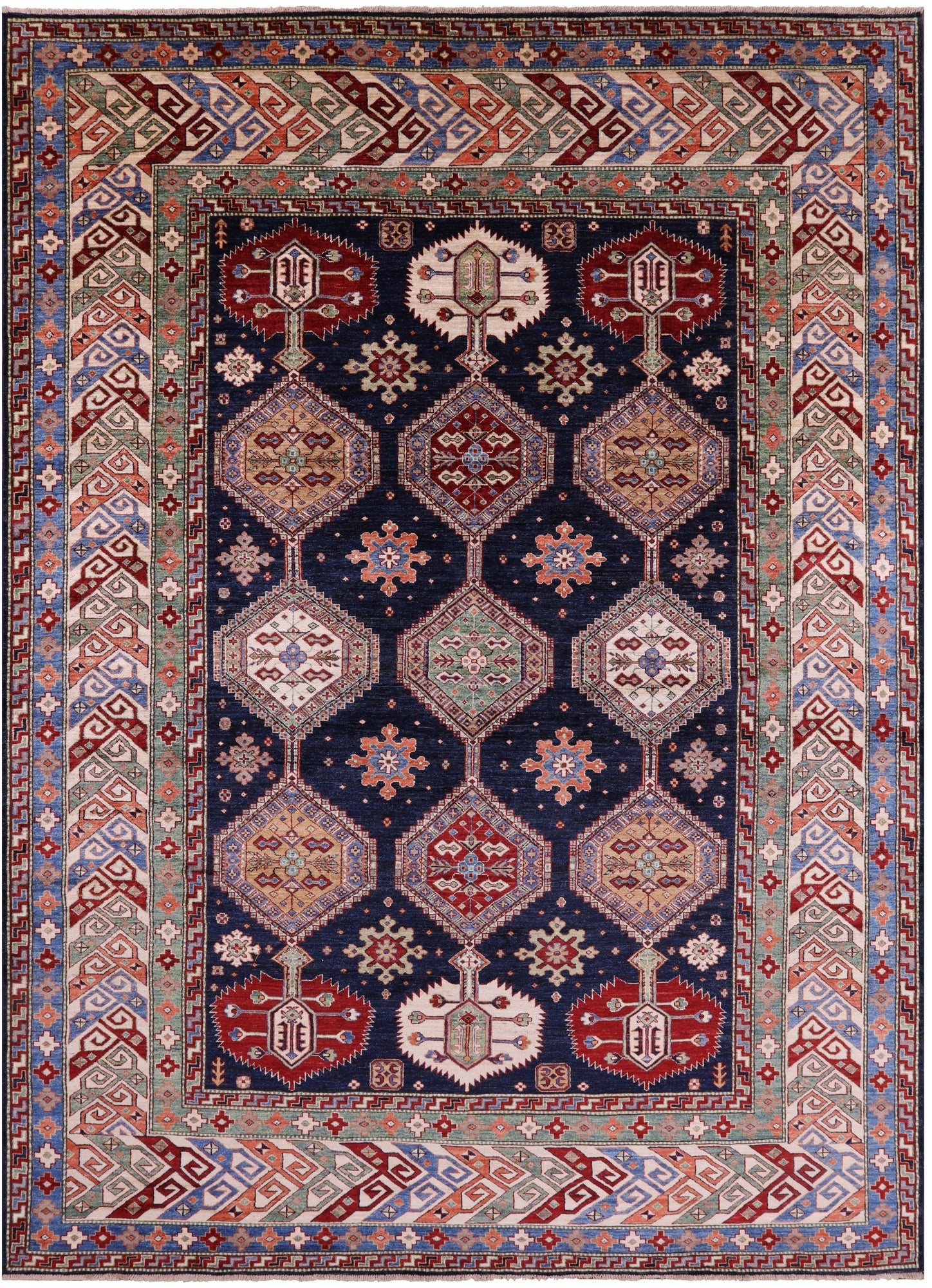 Blue Super Kazak Hand Knotted Wool Rug - 9' 0" X 12' 0" - Golden Nile