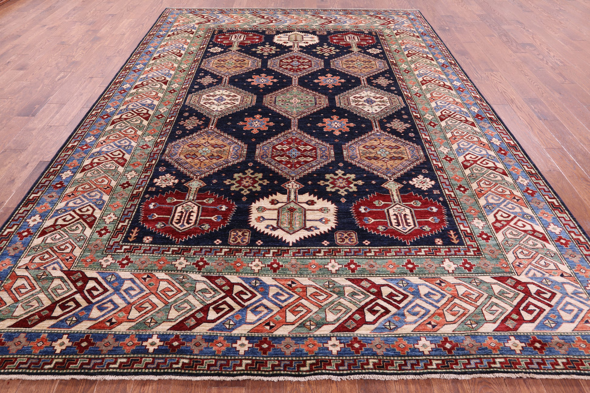 Blue Super Kazak Hand Knotted Wool Rug - 9' 0" X 12' 0" - Golden Nile