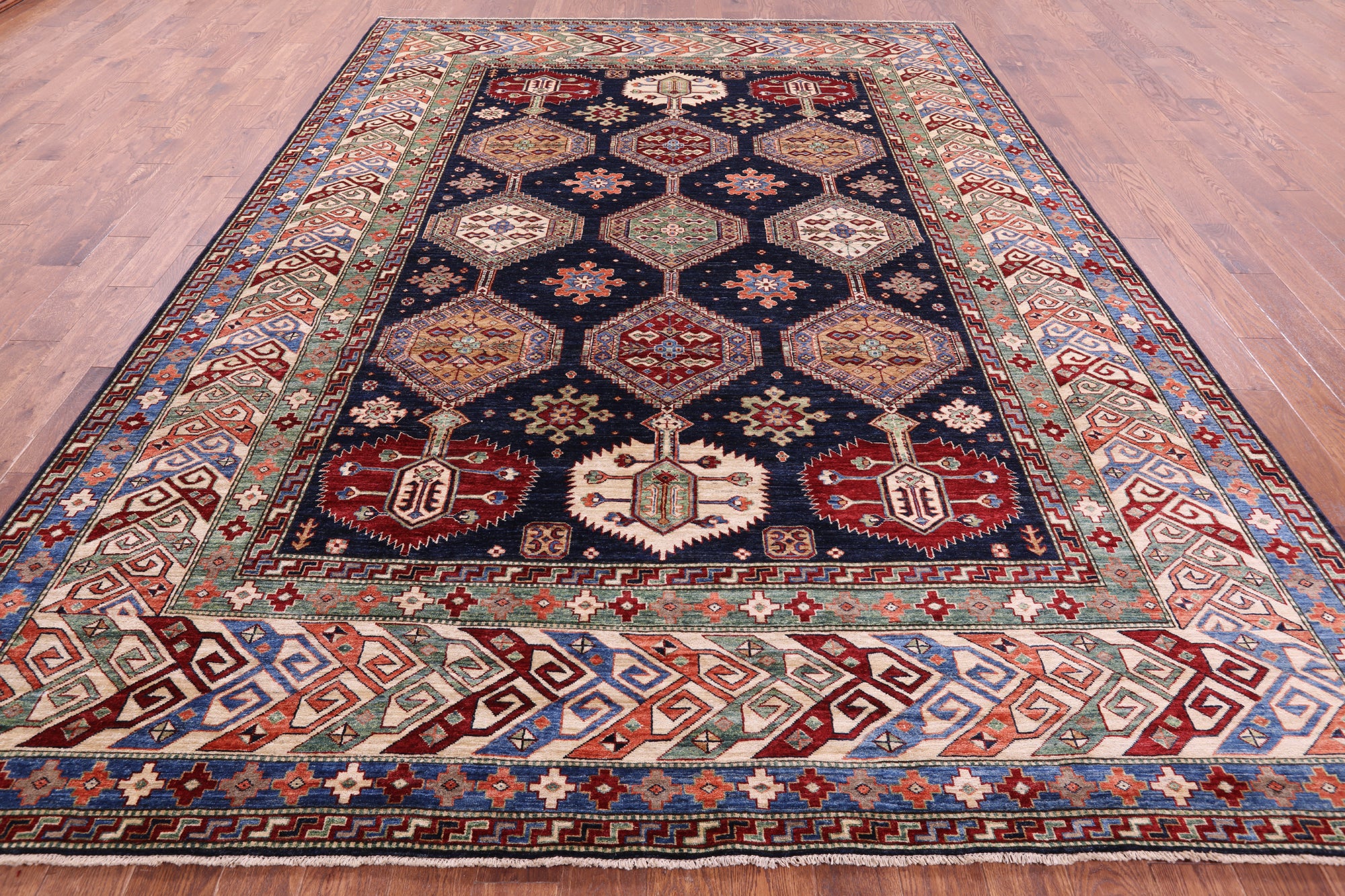 Blue Super Kazak Hand Knotted Wool Rug - 9' 0" X 12' 0" - Golden Nile