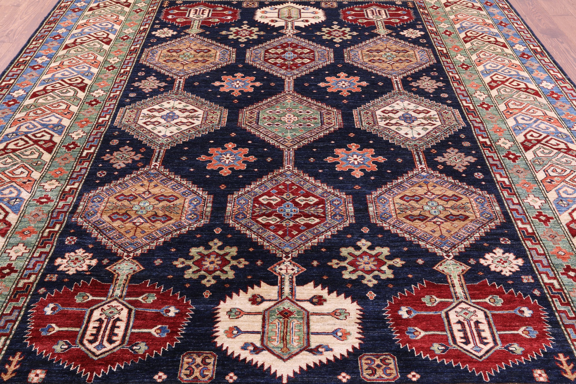 Blue Super Kazak Hand Knotted Wool Rug - 9' 0" X 12' 0" - Golden Nile