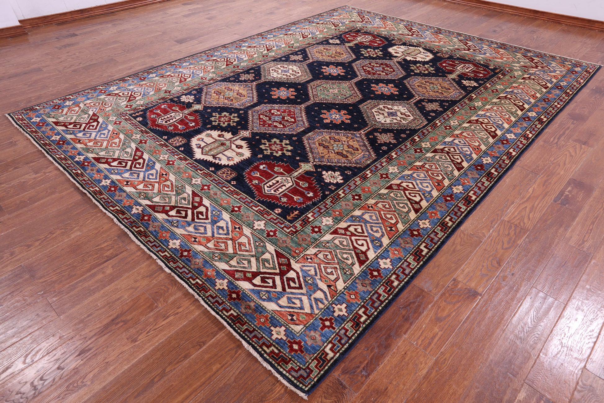 Blue Super Kazak Hand Knotted Wool Rug - 9' 0" X 12' 0" - Golden Nile