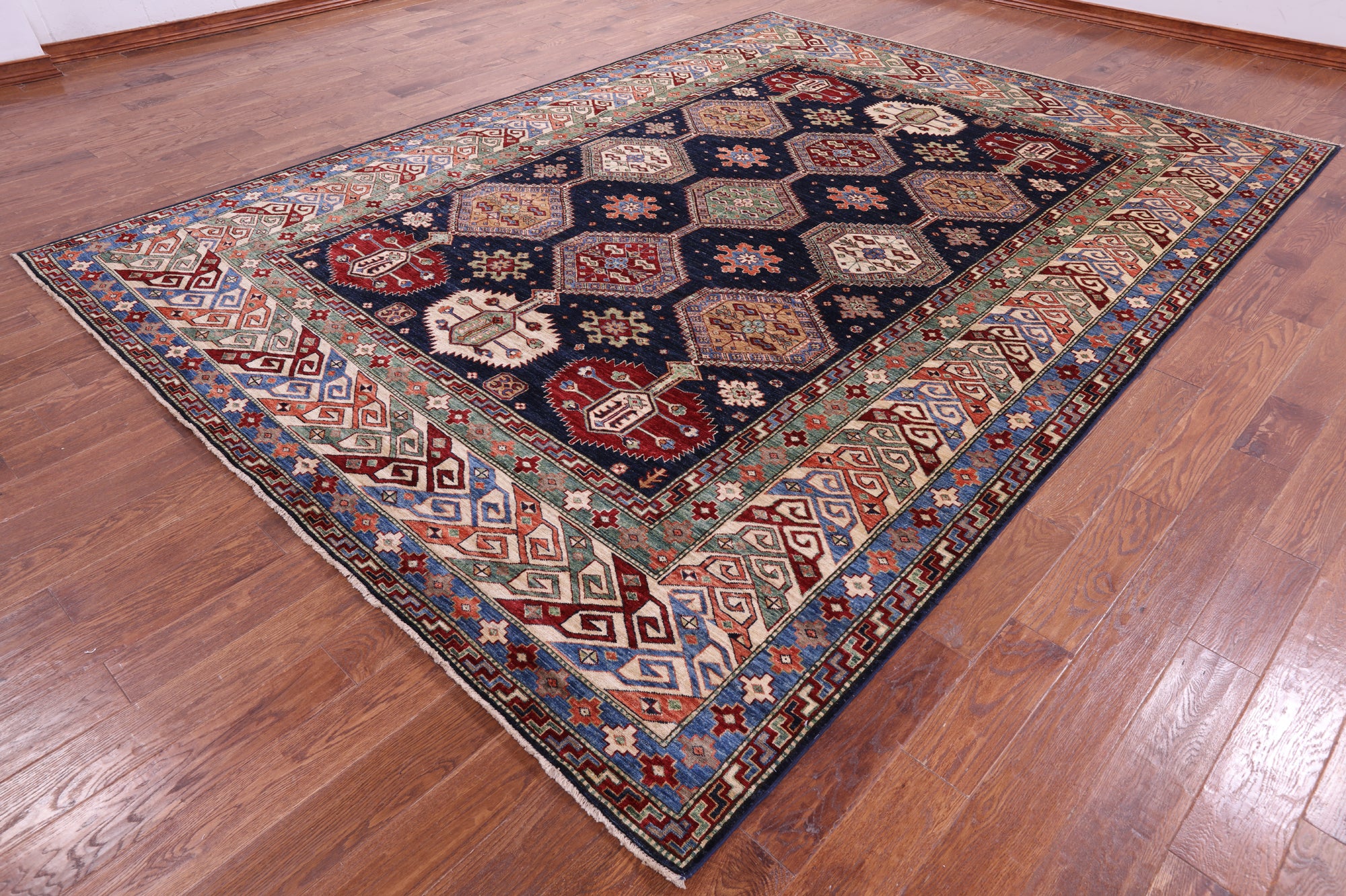 Blue Super Kazak Hand Knotted Wool Rug - 9' 0" X 12' 0" - Golden Nile