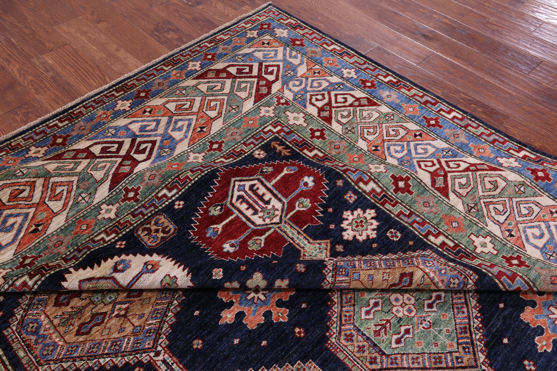 Blue Super Kazak Hand Knotted Wool Rug - 9' 0" X 12' 0" - Golden Nile
