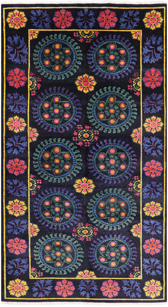 Black William Morris Hand Knotted Wool Area Rug - 6' 3" X 11' 5" - Golden Nile