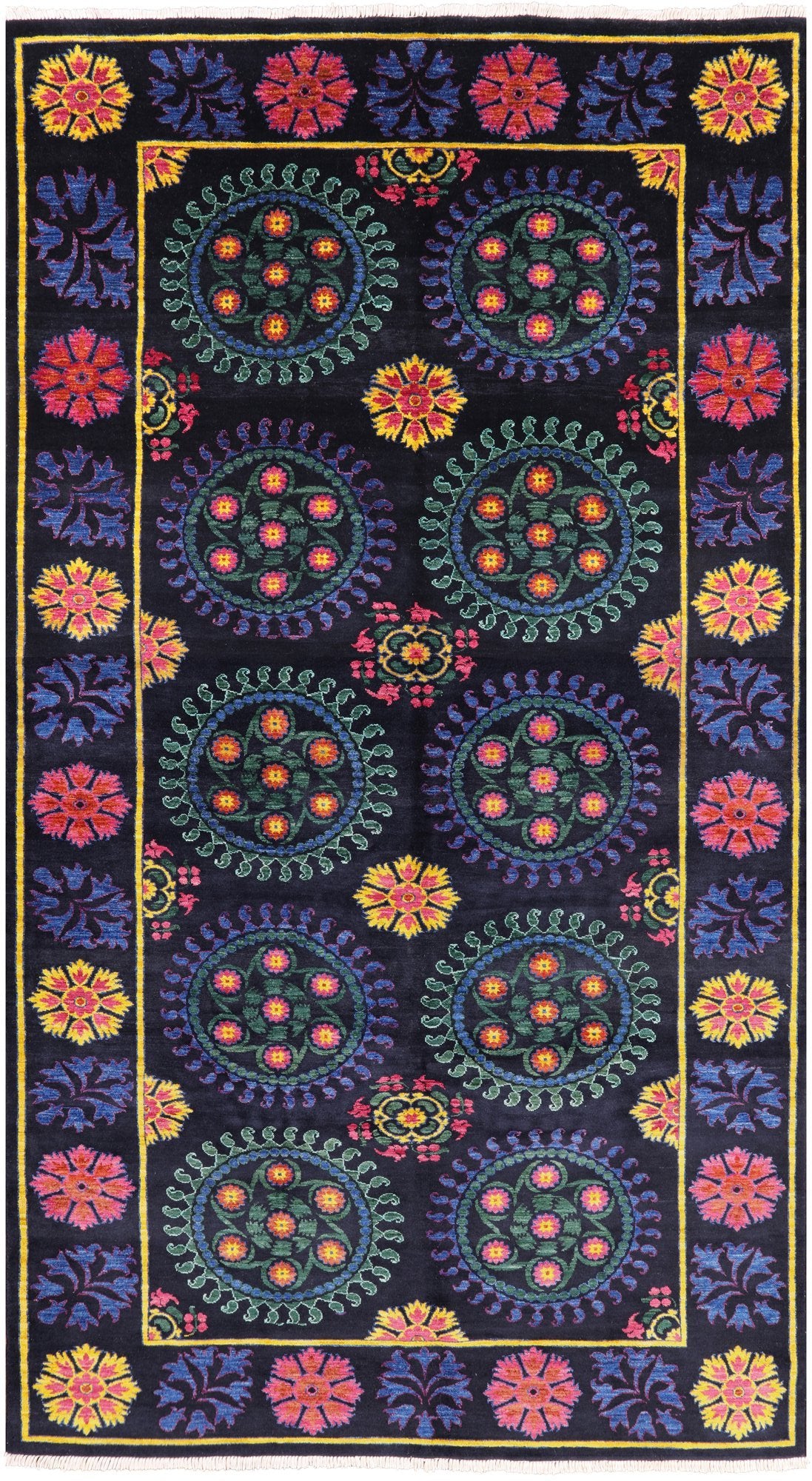 Black William Morris Hand Knotted Wool Area Rug - 6' 3" X 11' 5" - Golden Nile