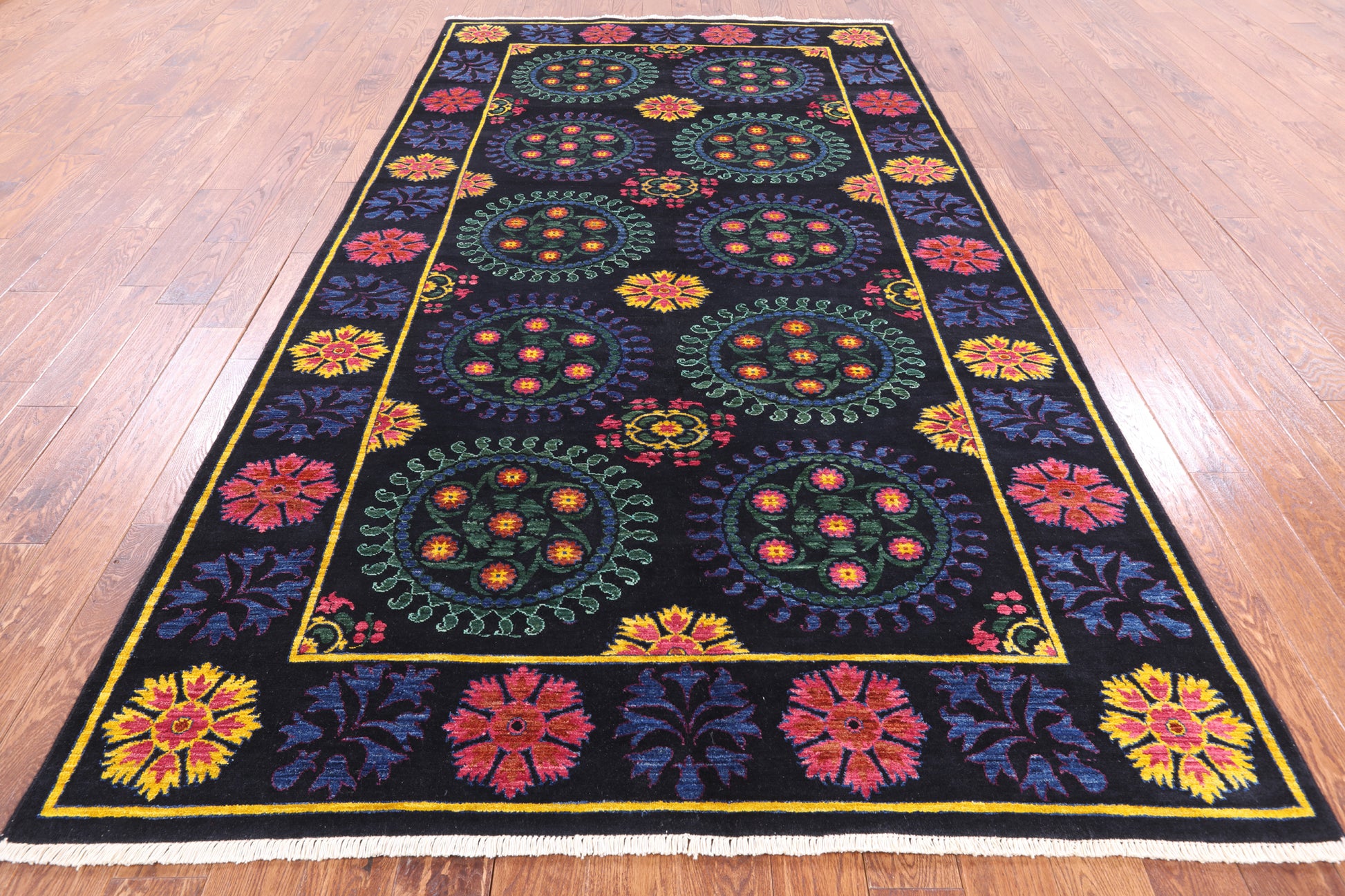 Black William Morris Hand Knotted Wool Area Rug - 6' 3" X 11' 5" - Golden Nile