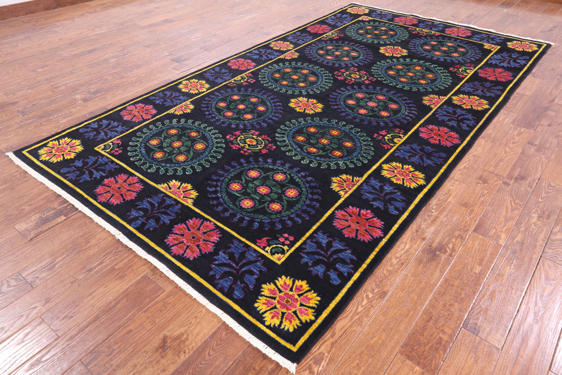 Black William Morris Hand Knotted Wool Area Rug - 6' 3" X 11' 5" - Golden Nile