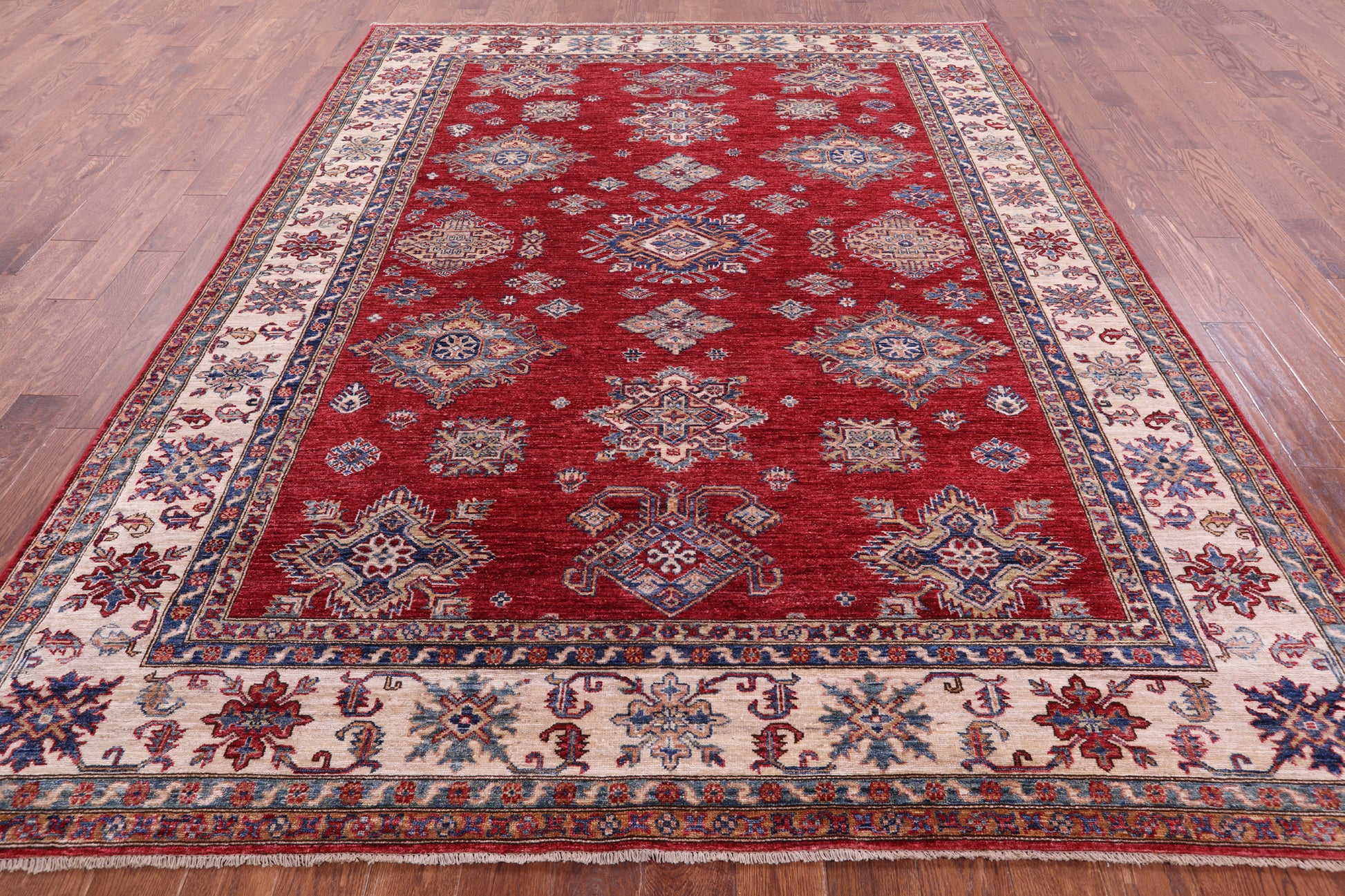 Red Super Kazak Hand Knotted Wool Rug - 7' 11" X 10' 0" - Golden Nile