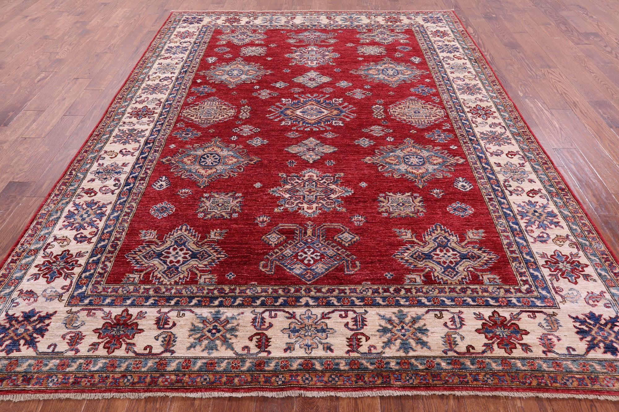 Red Super Kazak Hand Knotted Wool Rug - 7' 11" X 10' 0" - Golden Nile