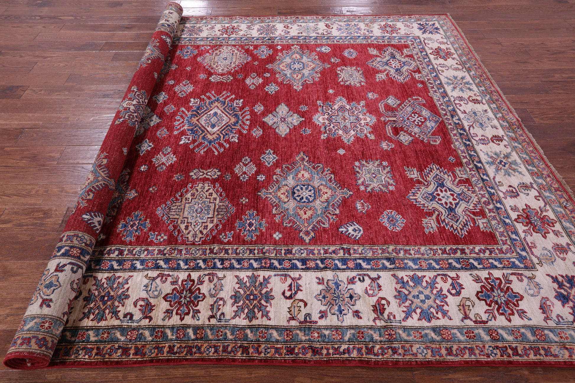 Red Super Kazak Hand Knotted Wool Rug - 7' 11" X 10' 0" - Golden Nile