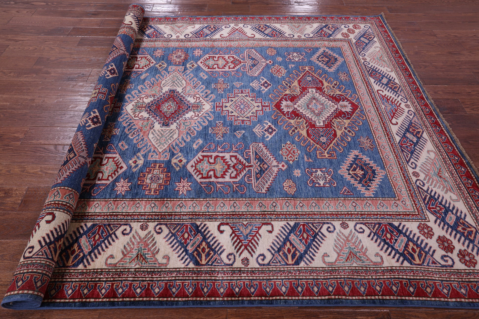 Blue Super Kazak Hand Knotted Wool Rug - 6' 11" X 9' 7" - Golden Nile
