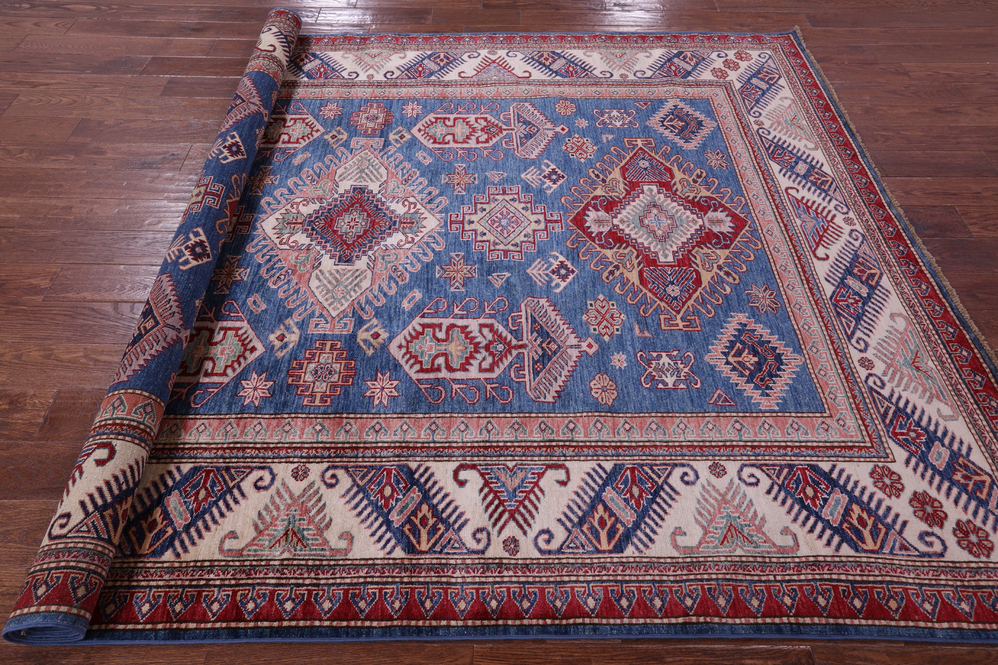Blue Super Kazak Hand Knotted Wool Rug - 6' 11" X 9' 7" - Golden Nile