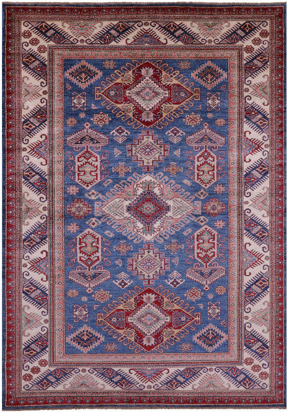 Blue Super Kazak Hand Knotted Wool Rug - 6' 11" X 9' 7" - Golden Nile