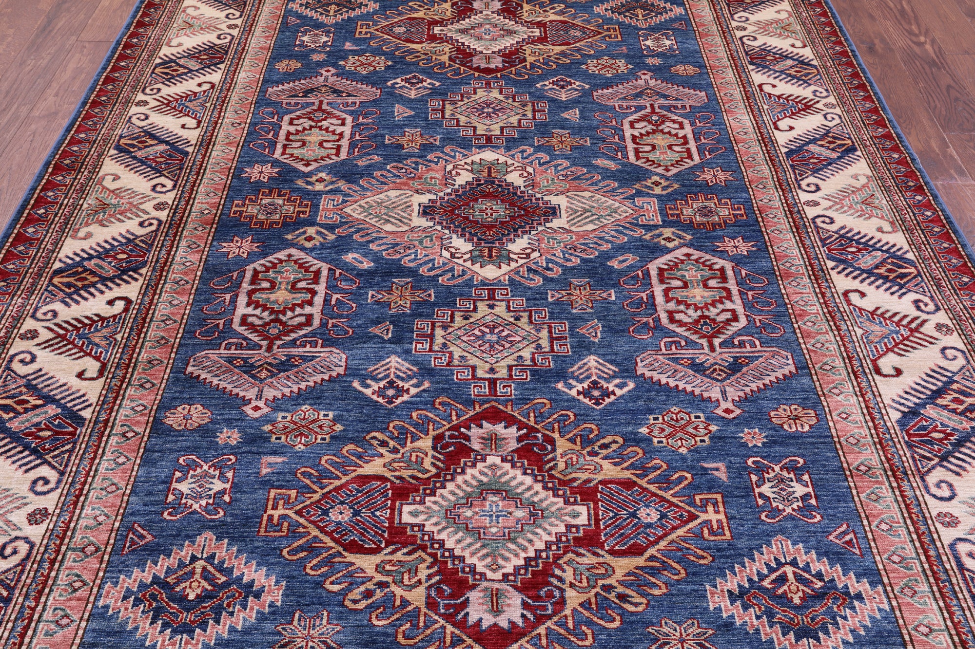 Blue Super Kazak Hand Knotted Wool Rug - 6' 11" X 9' 7" - Golden Nile