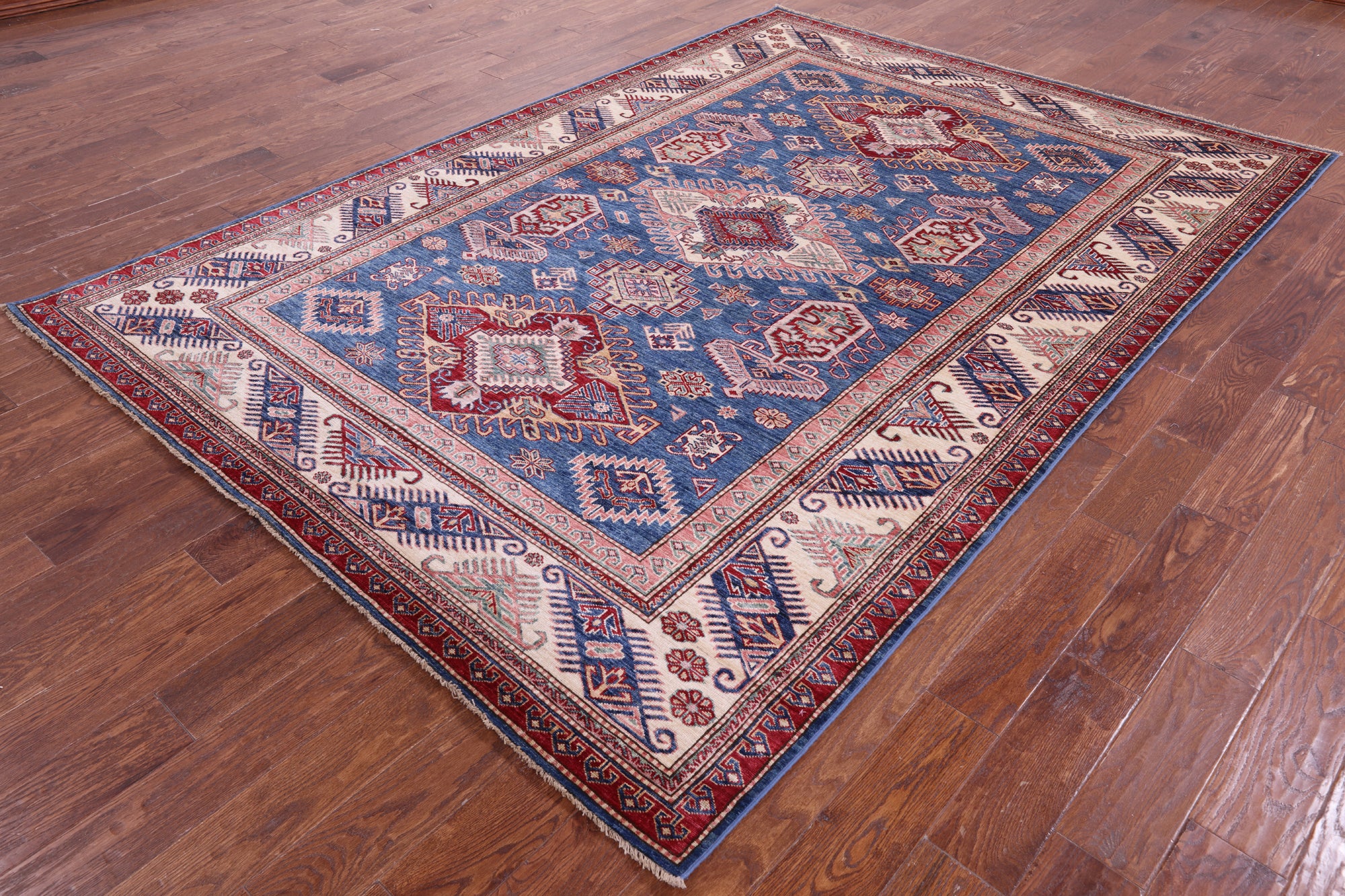 Blue Super Kazak Hand Knotted Wool Rug - 6' 11" X 9' 7" - Golden Nile