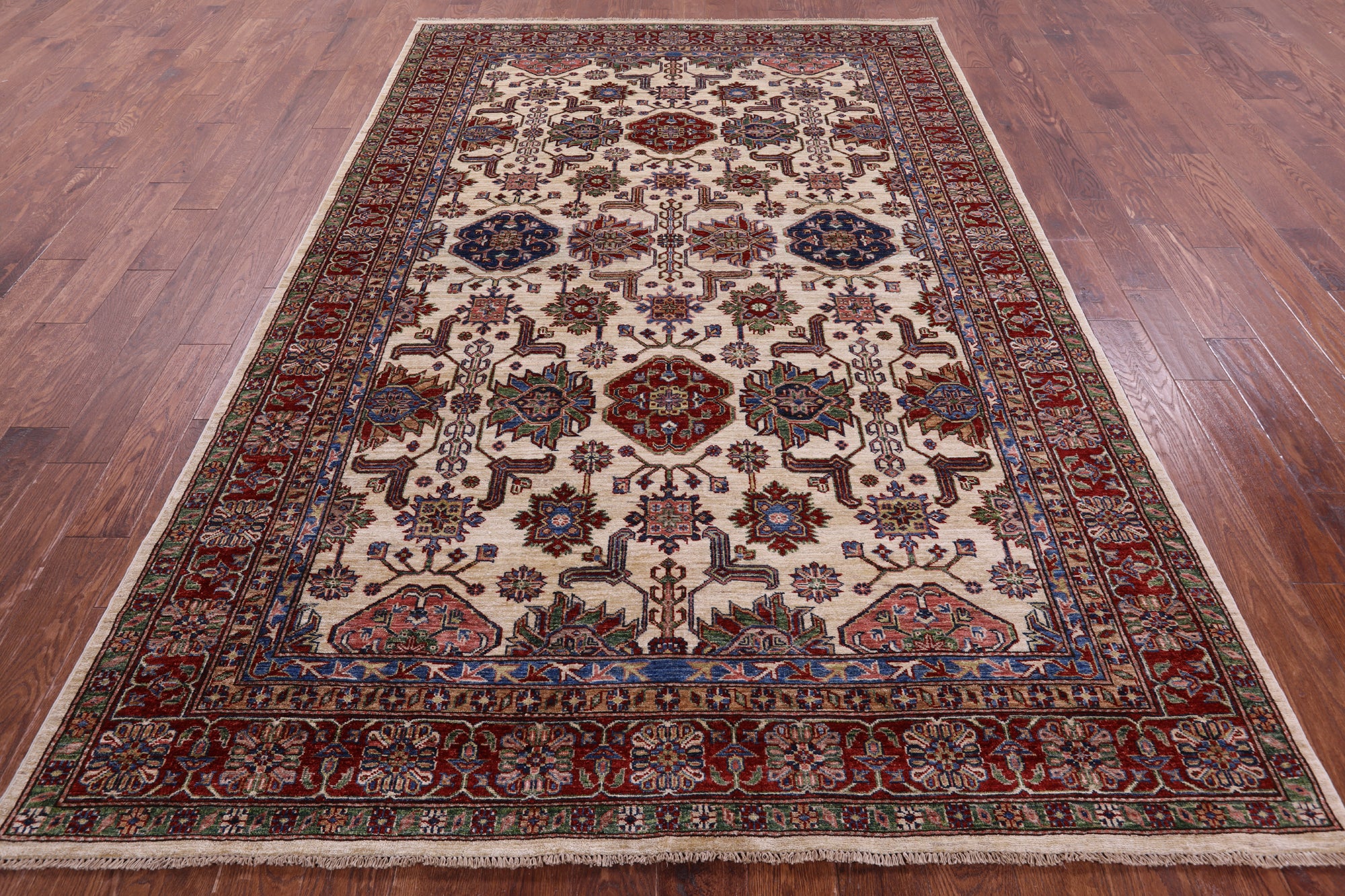 Ivory Super Kazak Hand Knotted Wool Rug - 6' 8" X 9' 10" - Golden Nile