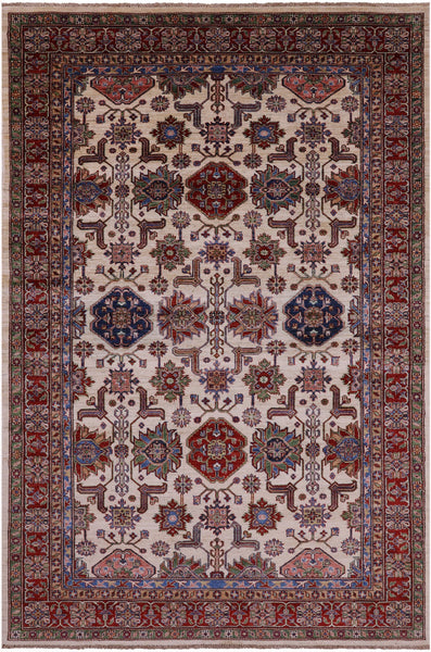 Ivory Super Kazak Hand Knotted Wool Rug - 6' 8" X 9' 10" - Golden Nile