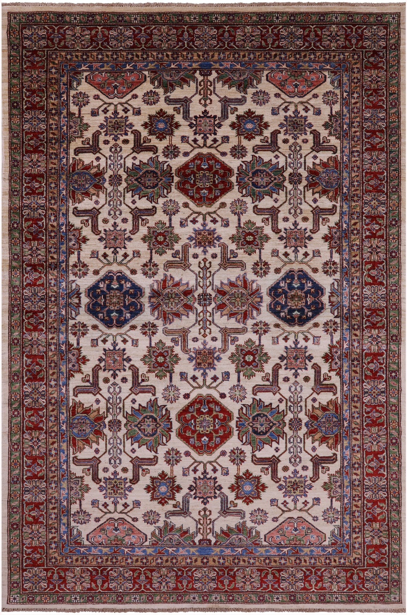 Ivory Super Kazak Hand Knotted Wool Rug - 6' 8" X 9' 10" - Golden Nile