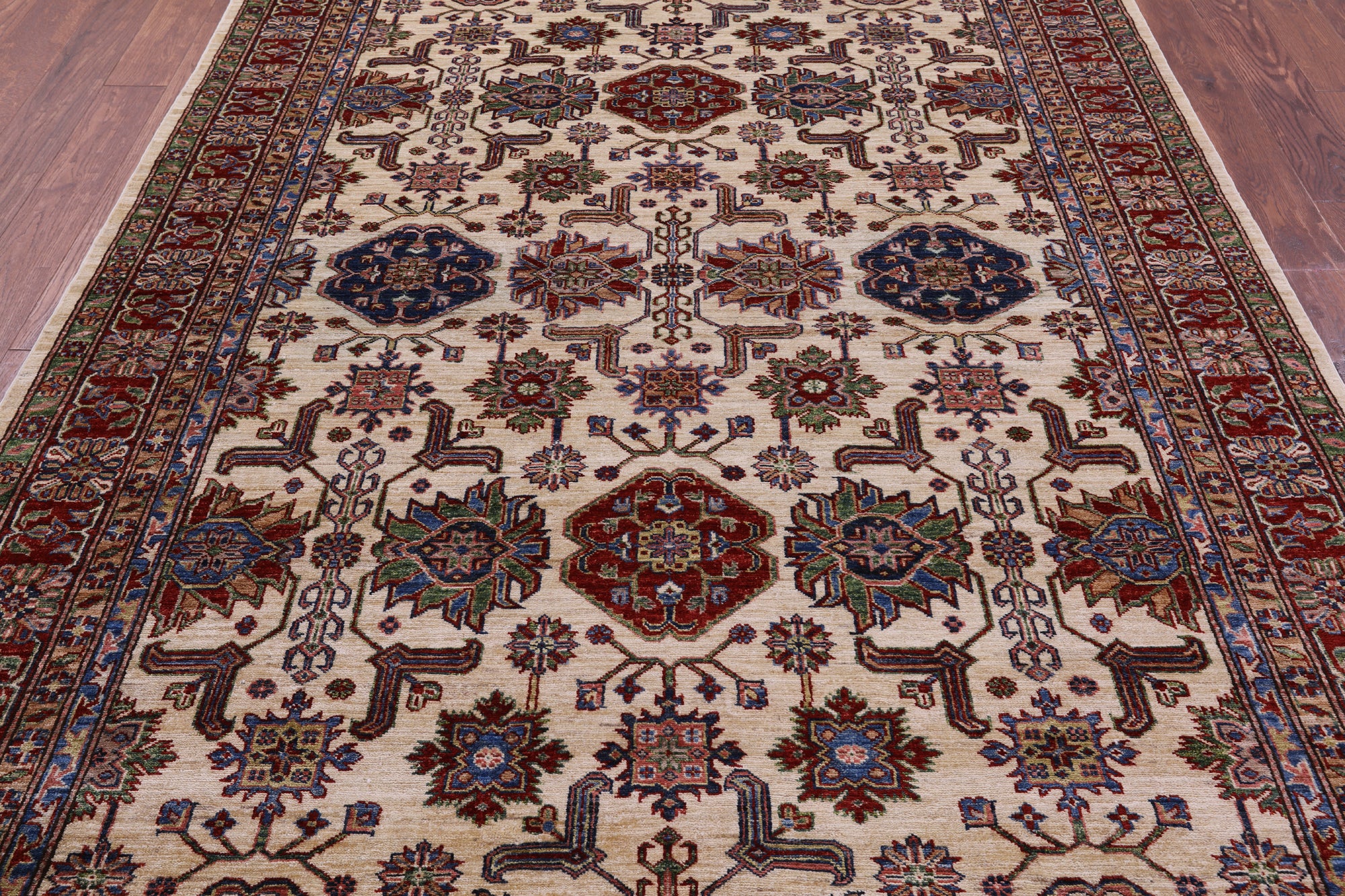 Ivory Super Kazak Hand Knotted Wool Rug - 6' 8" X 9' 10" - Golden Nile
