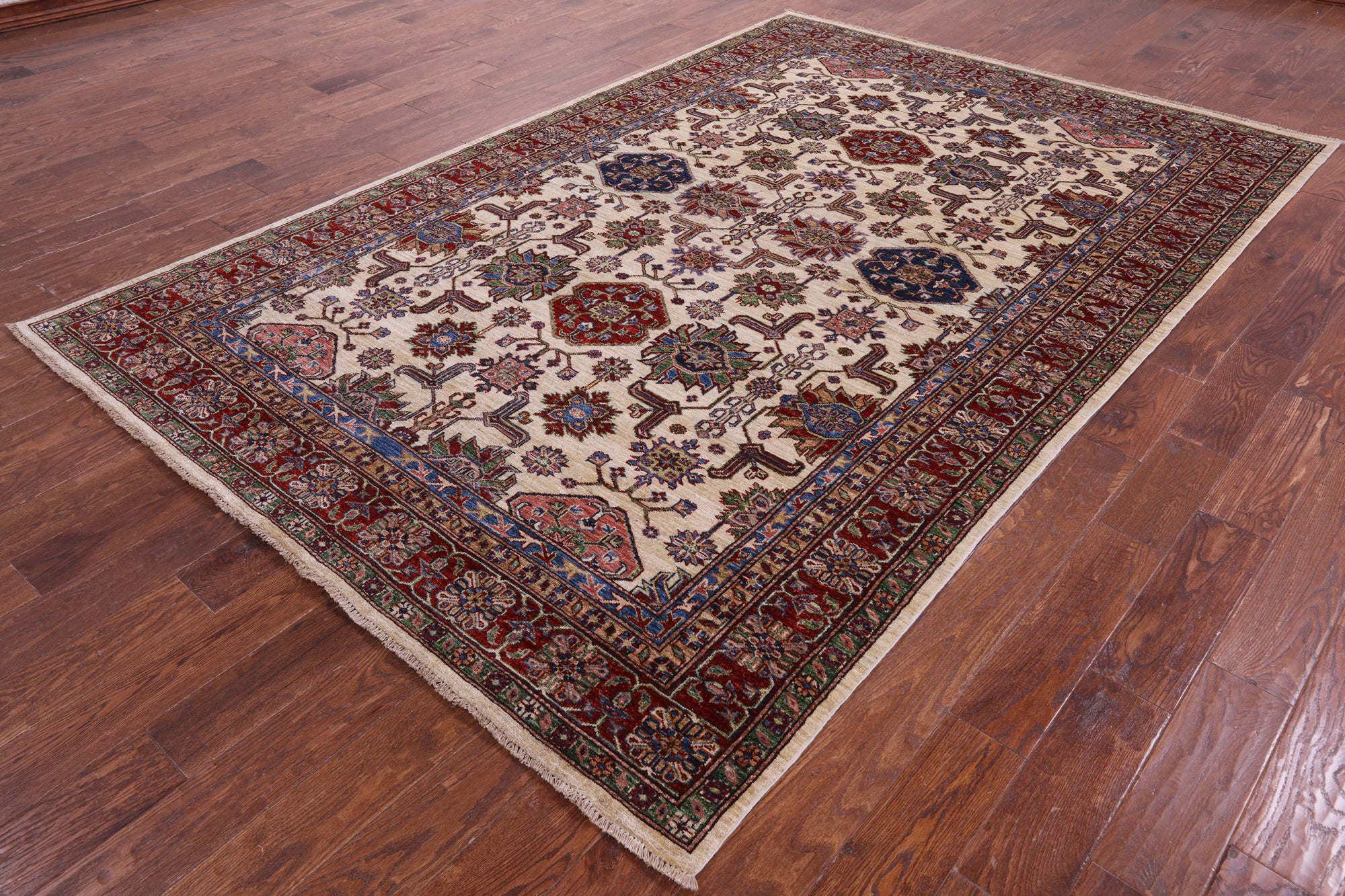 Ivory Super Kazak Hand Knotted Wool Rug - 6' 8" X 9' 10" - Golden Nile
