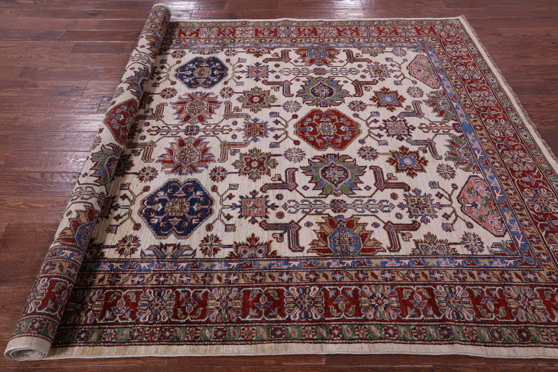 Ivory Super Kazak Hand Knotted Wool Rug - 6' 8" X 9' 10" - Golden Nile