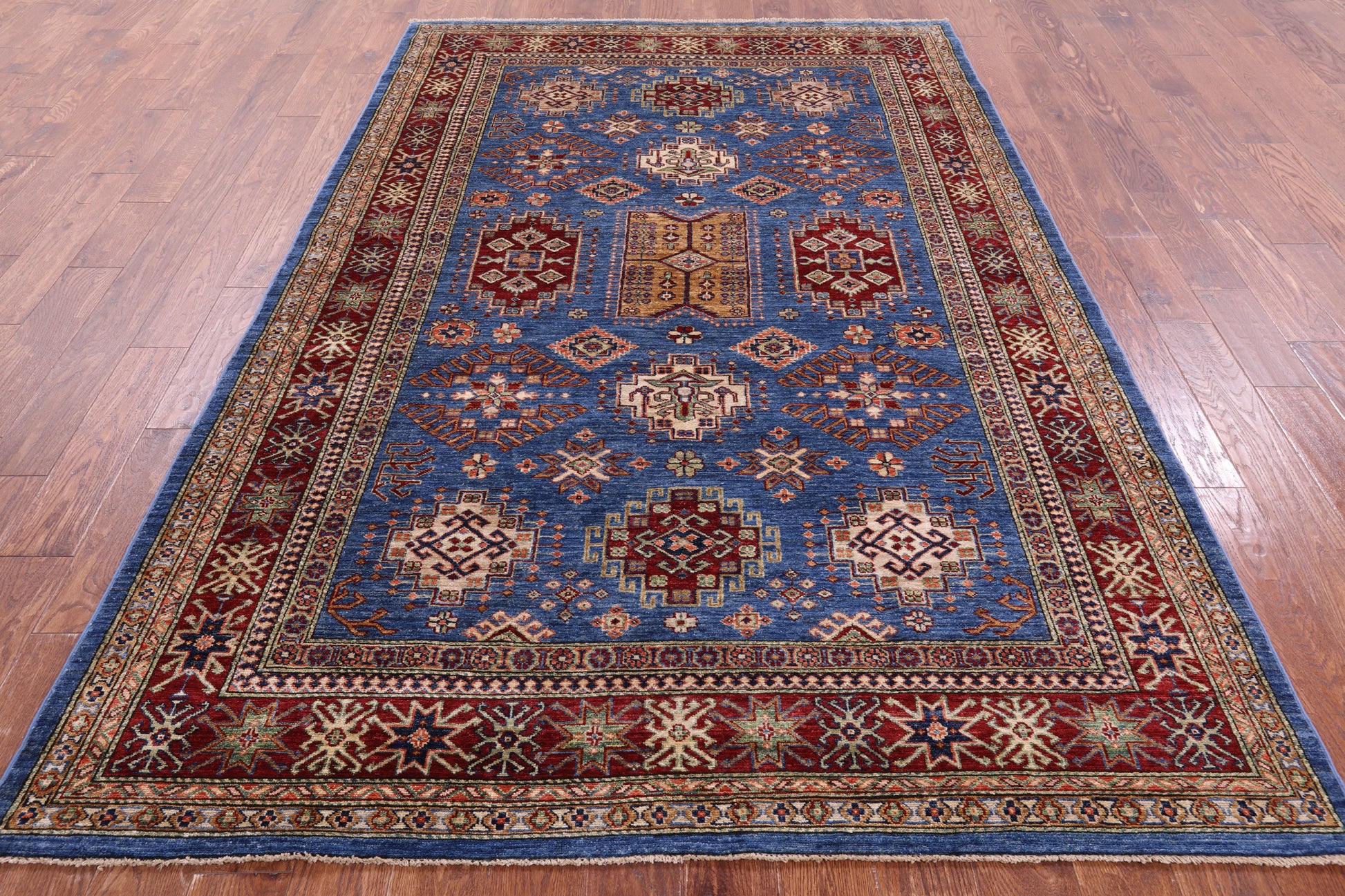 Blue Super Kazak Hand Knotted Wool Rug - 6' 0" X 9' 1" - Golden Nile