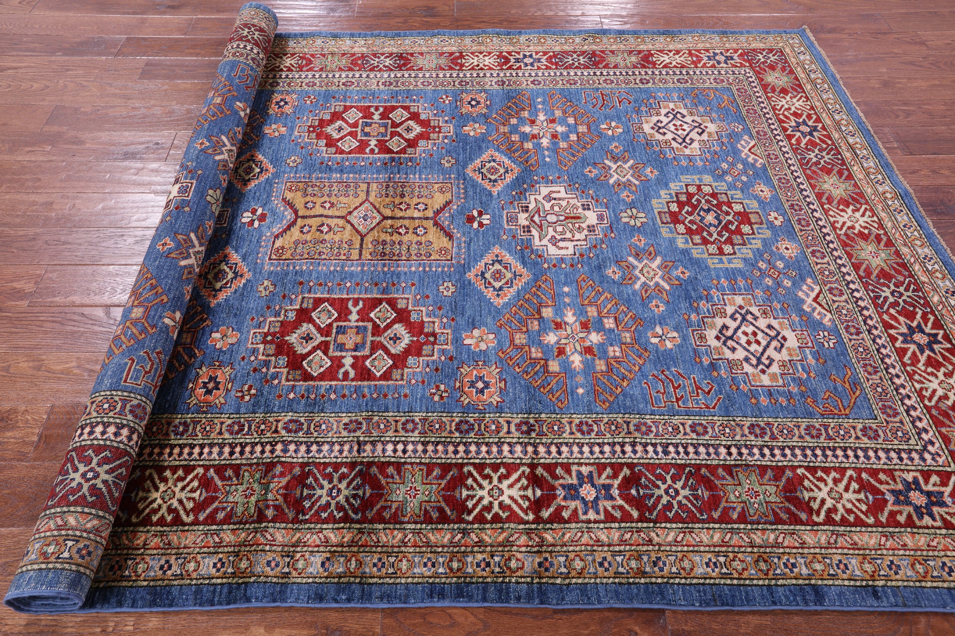 Blue Super Kazak Hand Knotted Wool Rug - 6' 0" X 9' 1" - Golden Nile