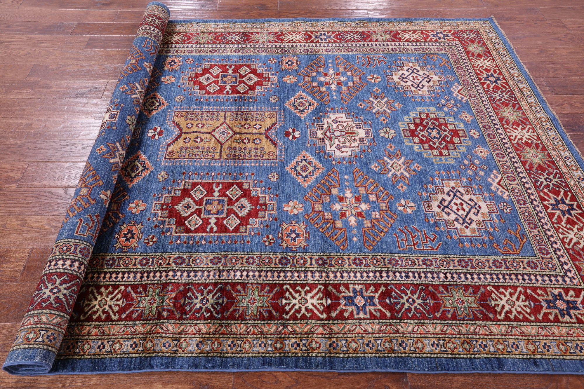 Blue Super Kazak Hand Knotted Wool Rug - 6' 0" X 9' 1" - Golden Nile