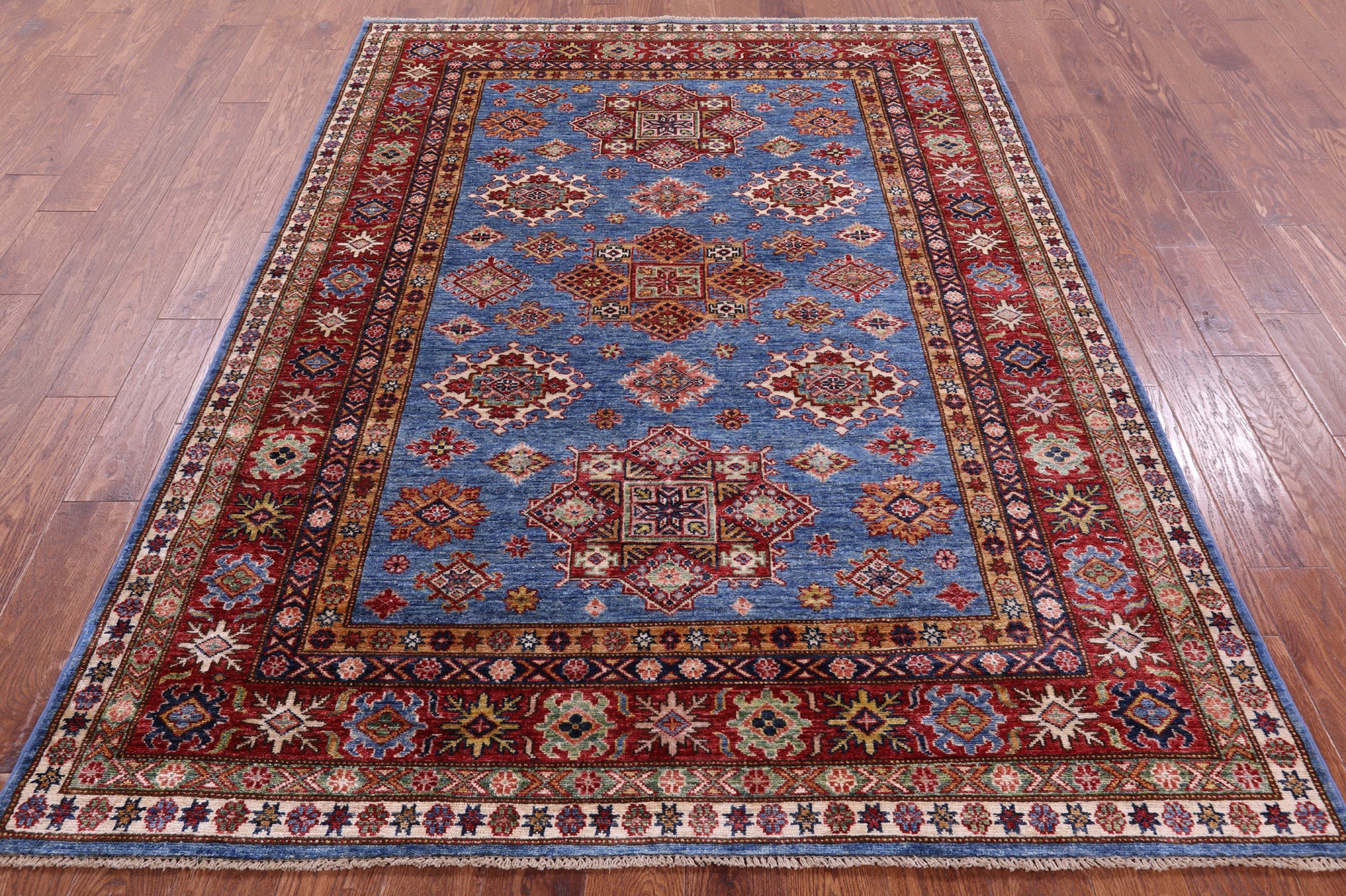 Blue Super Kazak Hand Knotted Wool Rug - 5' 9" X 7' 7" - Golden Nile