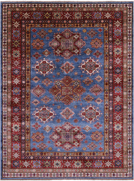Blue Super Kazak Hand Knotted Wool Rug - 5' 9" X 7' 7" - Golden Nile