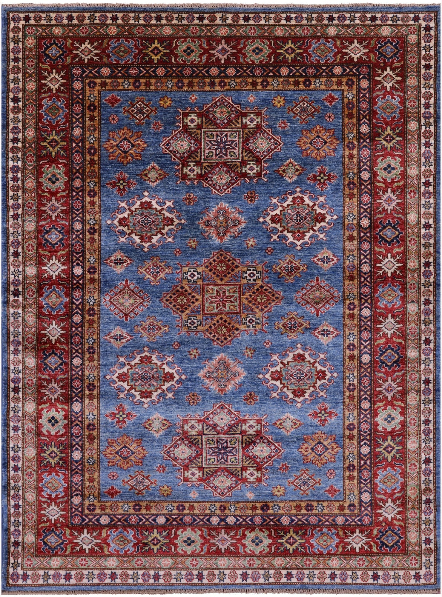 Blue Super Kazak Hand Knotted Wool Rug - 5' 9" X 7' 7" - Golden Nile