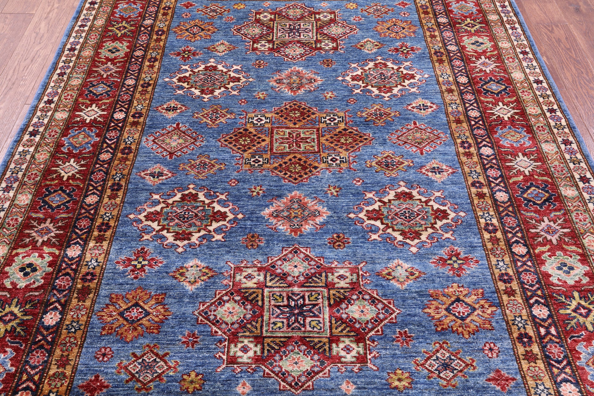 Blue Super Kazak Hand Knotted Wool Rug - 5' 9" X 7' 7" - Golden Nile