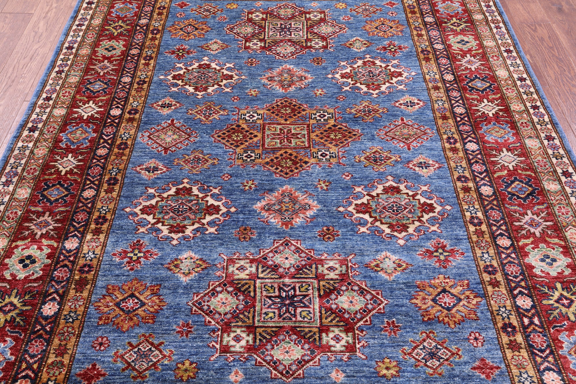 Blue Super Kazak Hand Knotted Wool Rug - 5' 9" X 7' 7" - Golden Nile