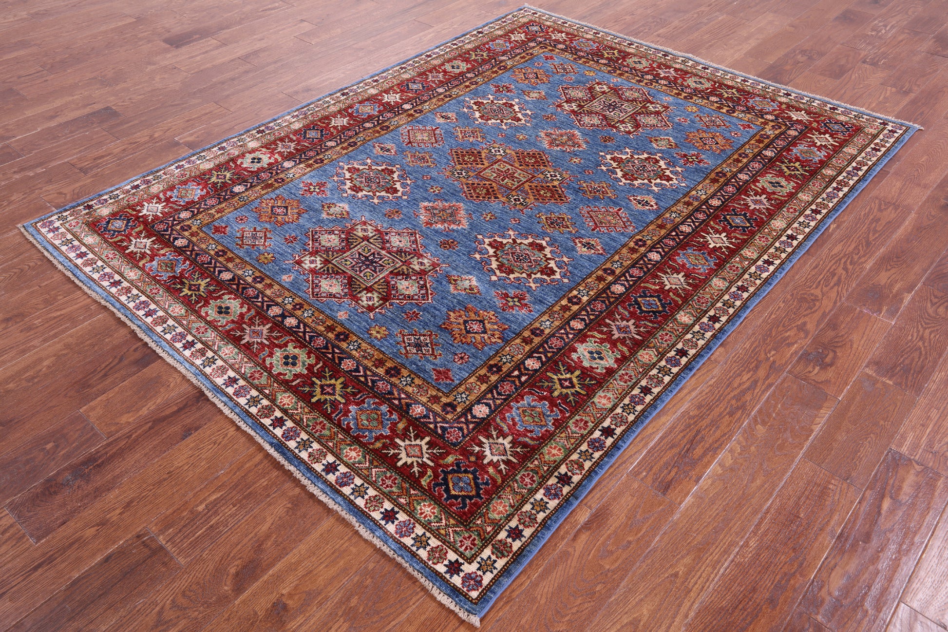 Blue Super Kazak Hand Knotted Wool Rug - 5' 9" X 7' 7" - Golden Nile