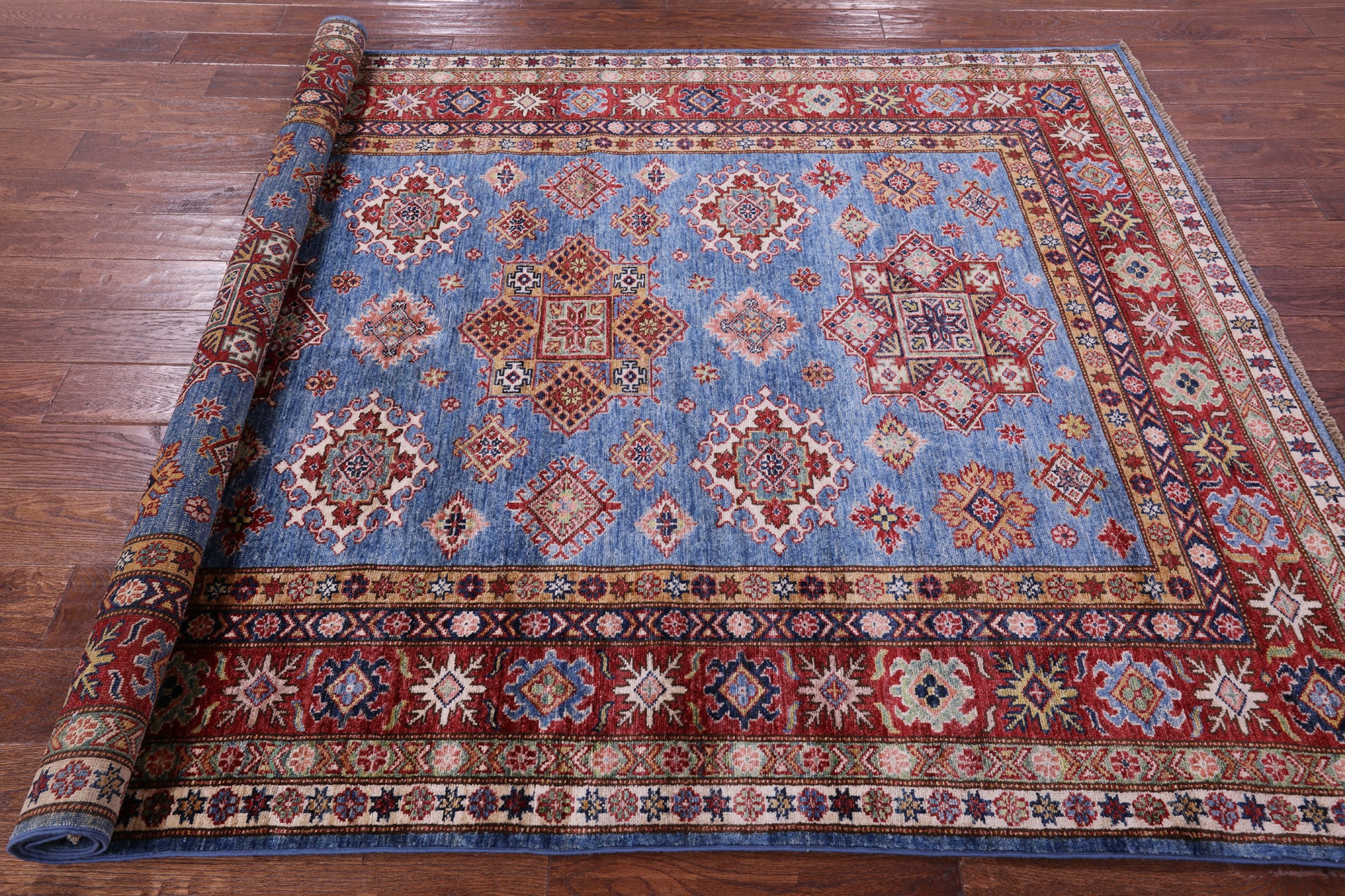 Blue Super Kazak Hand Knotted Wool Rug - 5' 9" X 7' 7" - Golden Nile