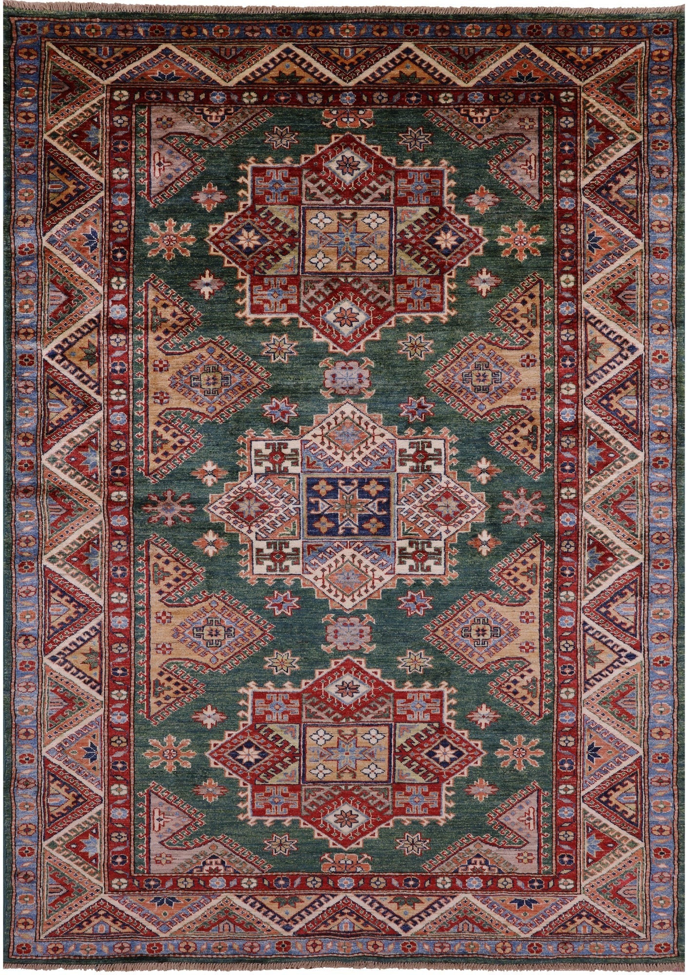 Green Super Kazak Hand Knotted Wool Rug - 5' 7" X 7' 10" - Golden Nile