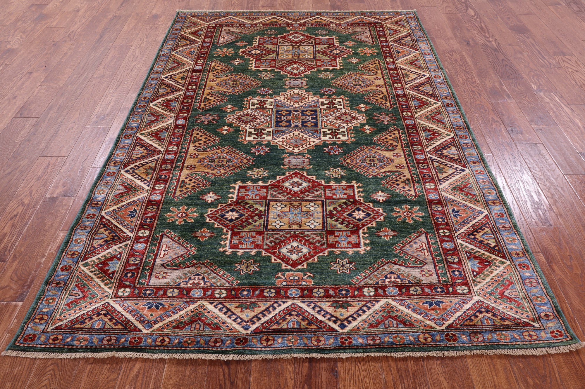 Green Super Kazak Hand Knotted Wool Rug - 5' 7" X 7' 10" - Golden Nile
