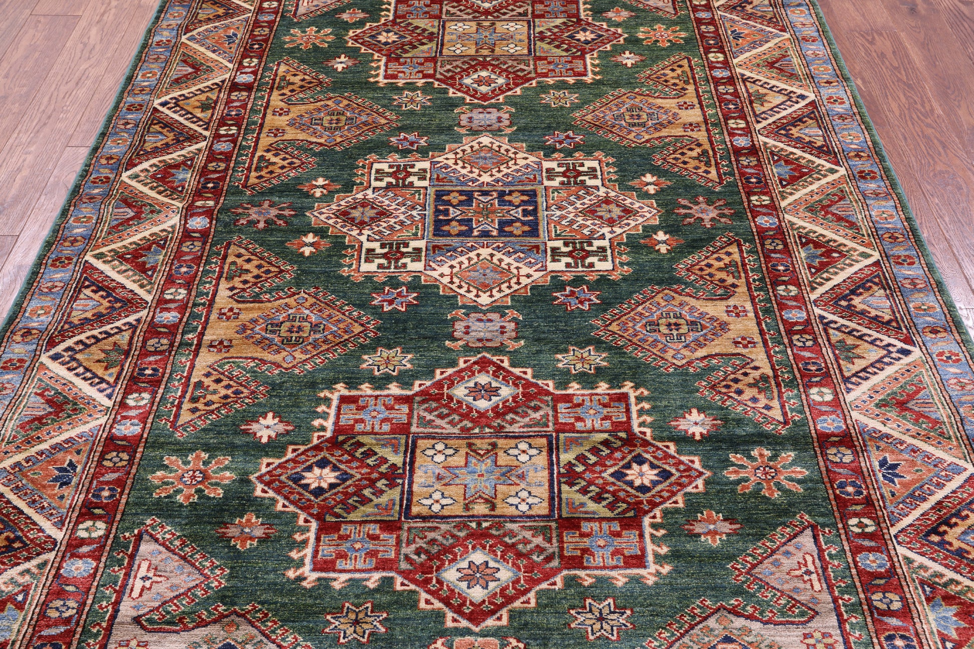Green Super Kazak Hand Knotted Wool Rug - 5' 7" X 7' 10" - Golden Nile