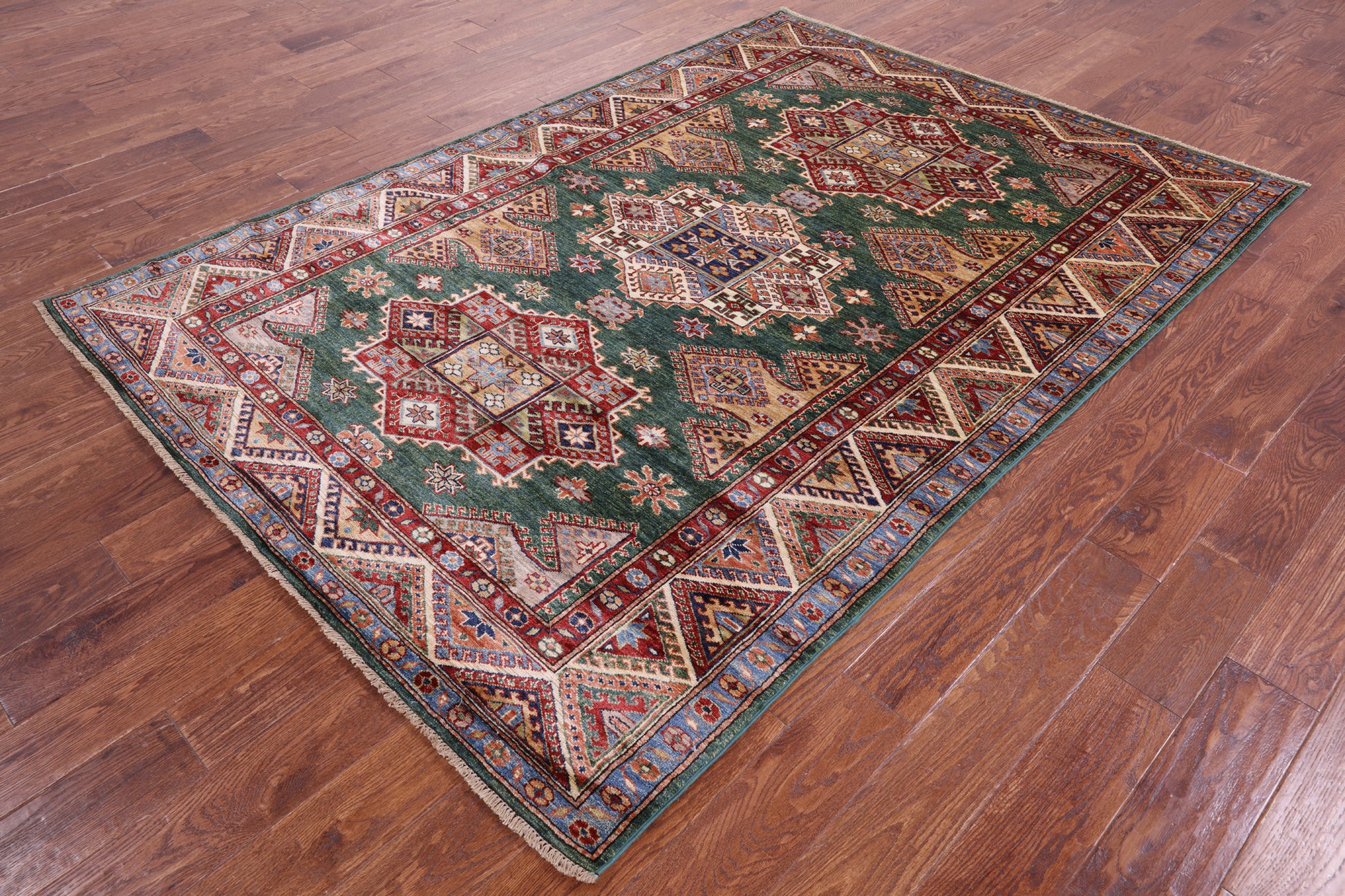 Green Super Kazak Hand Knotted Wool Rug - 5' 7" X 7' 10" - Golden Nile