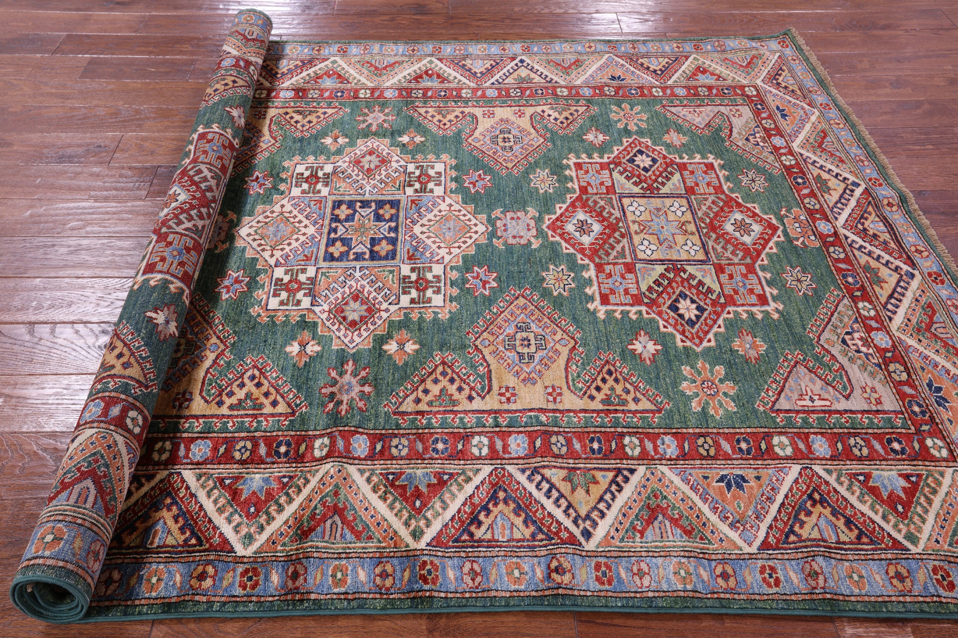 Green Super Kazak Hand Knotted Wool Rug - 5' 7" X 7' 10" - Golden Nile