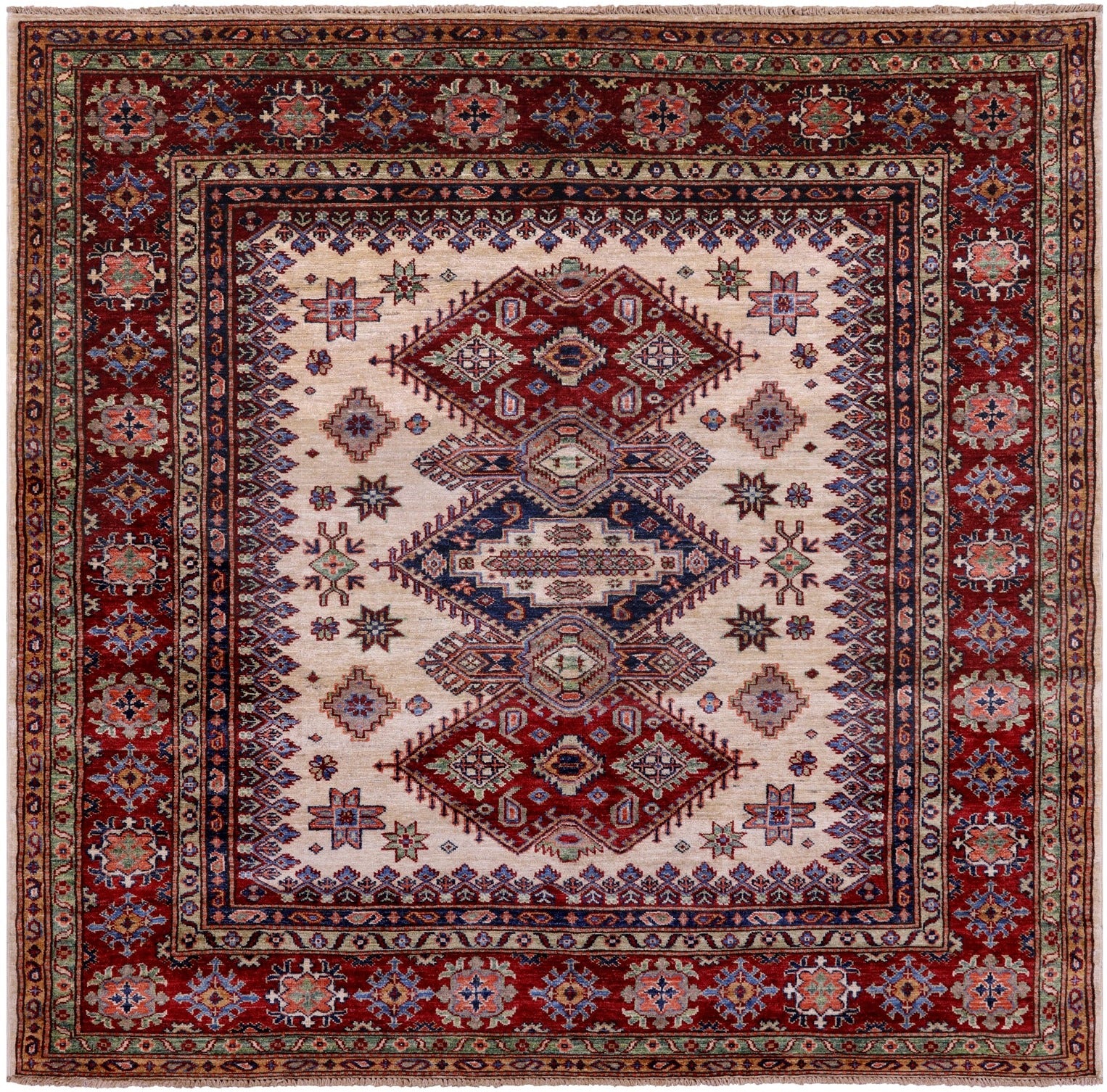 Ivory Square Super Kazak Hand Knotted Wool Rug - 6' 0" X 6' 2" - Golden Nile