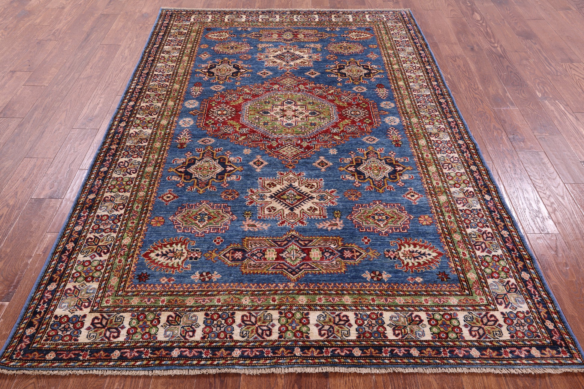 Blue Super Kazak Hand Knotted Wool Rug - 5' 8" X 8' 2" - Golden Nile