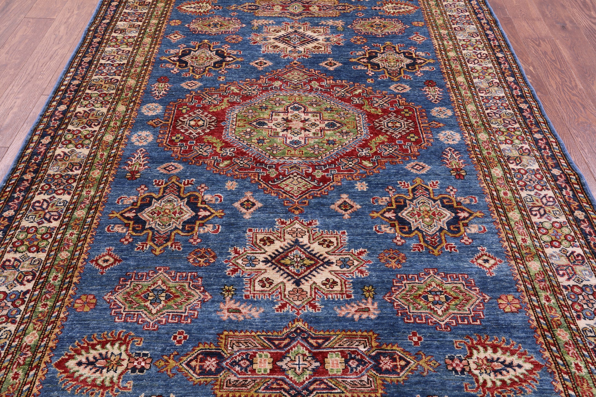 Blue Super Kazak Hand Knotted Wool Rug - 5' 8" X 8' 2" - Golden Nile
