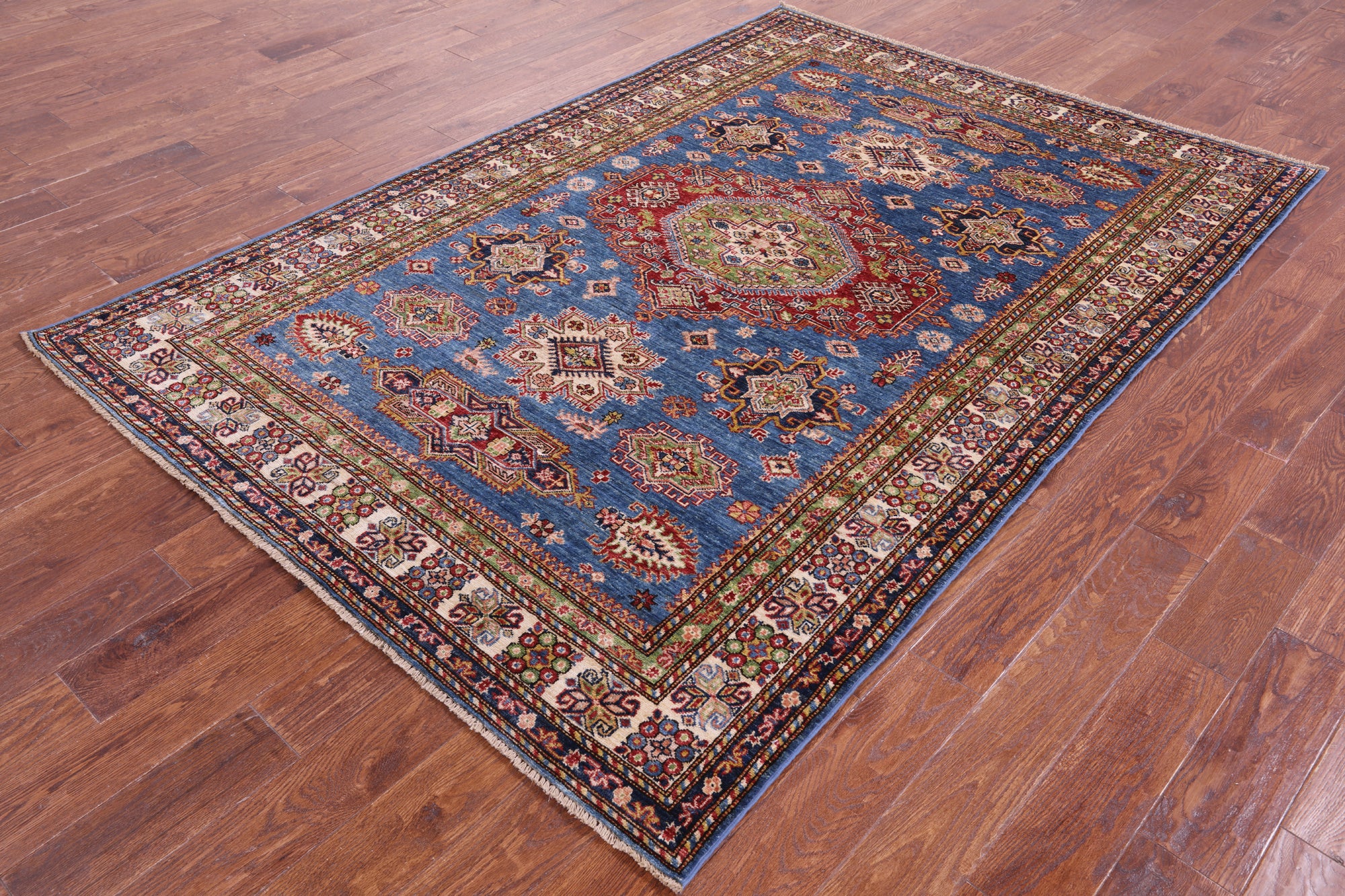 Blue Super Kazak Hand Knotted Wool Rug - 5' 8" X 8' 2" - Golden Nile