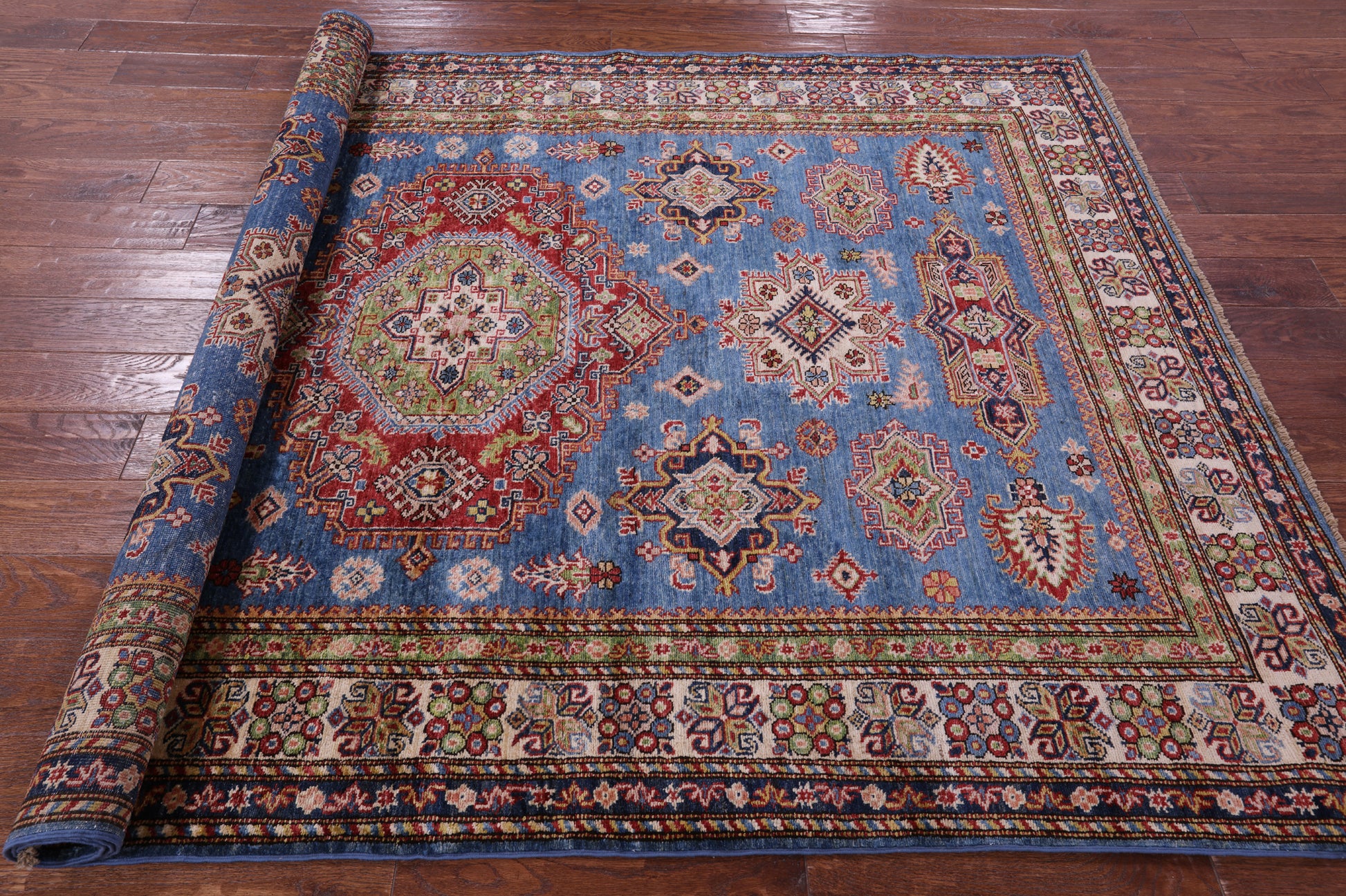 Blue Super Kazak Hand Knotted Wool Rug - 5' 8" X 8' 2" - Golden Nile