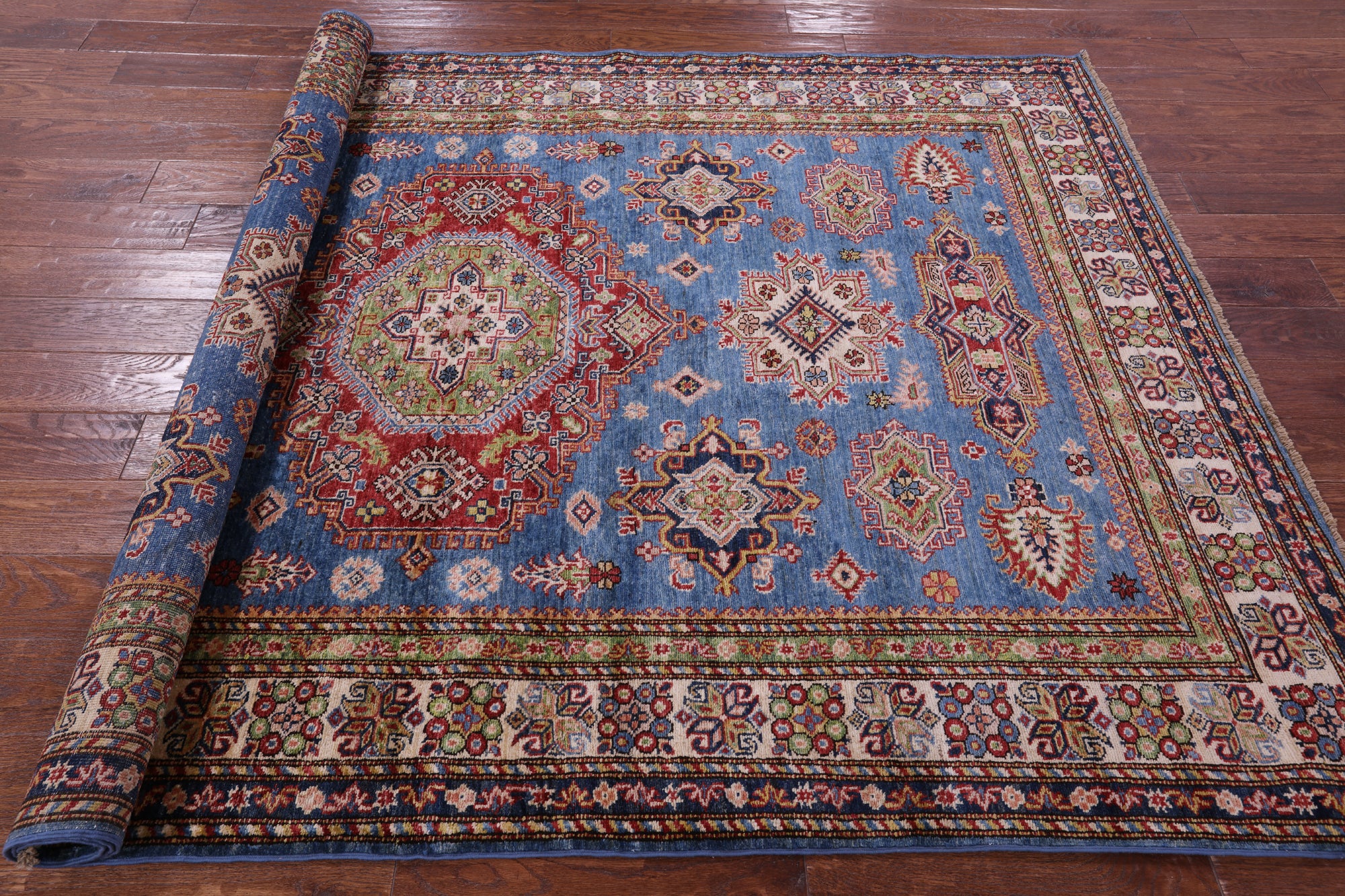 Blue Super Kazak Hand Knotted Wool Rug - 5' 8" X 8' 2" - Golden Nile