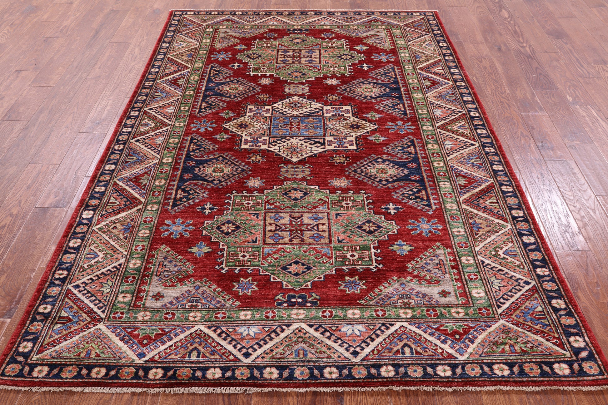 Red Super Kazak Handmade Wool Rug - 5' 9" X 7' 10" - Golden Nile
