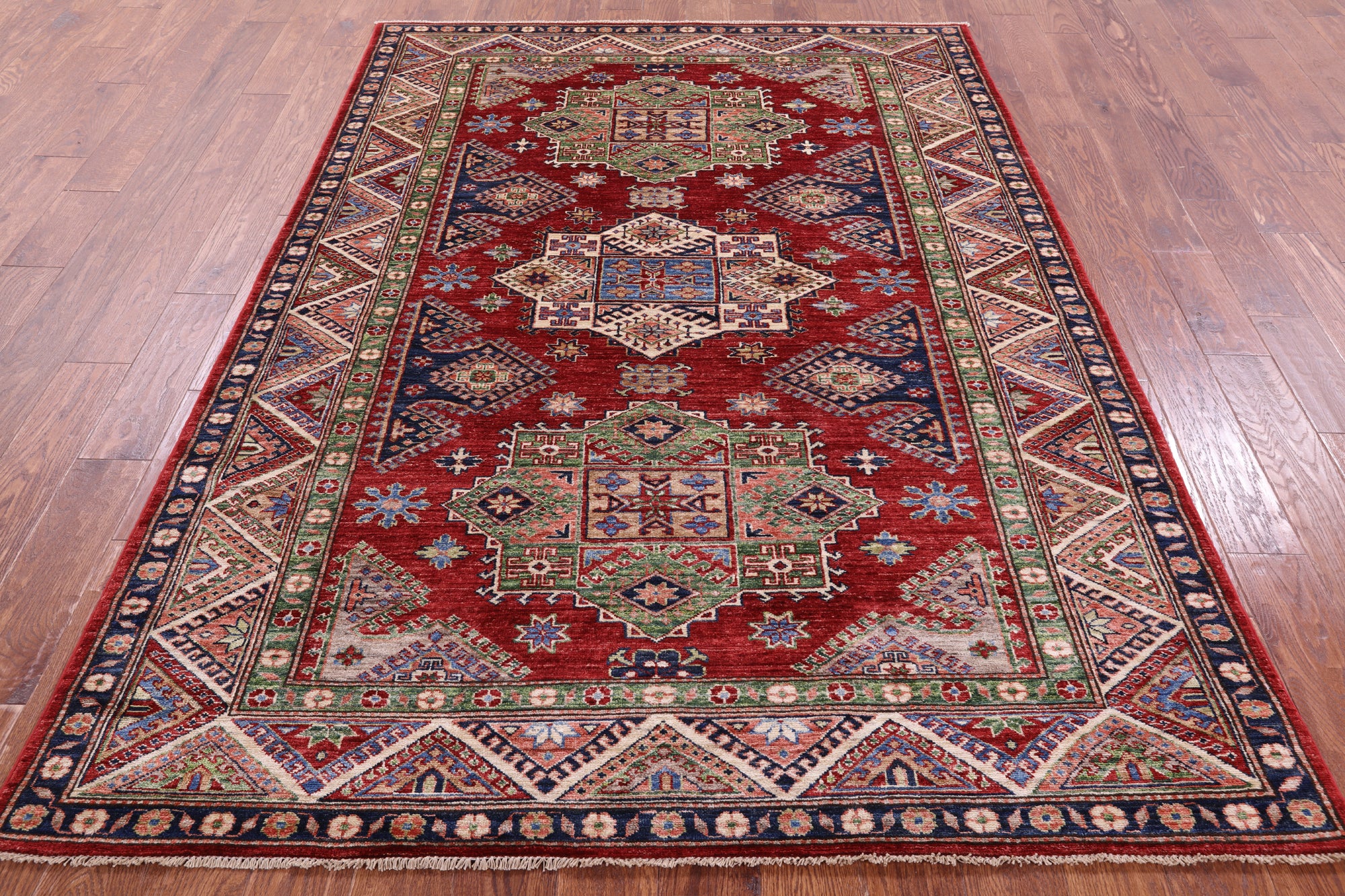 Red Super Kazak Handmade Wool Rug - 5' 9" X 7' 10" - Golden Nile